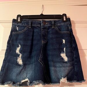 Girls Justice High Rise Dark Blue Distressed Denim Skirt/ With Shorts Attached